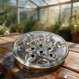 Large 13 Hole Clear Pressed Glass Flower Frog-Vintage-Floral Display-Collectible